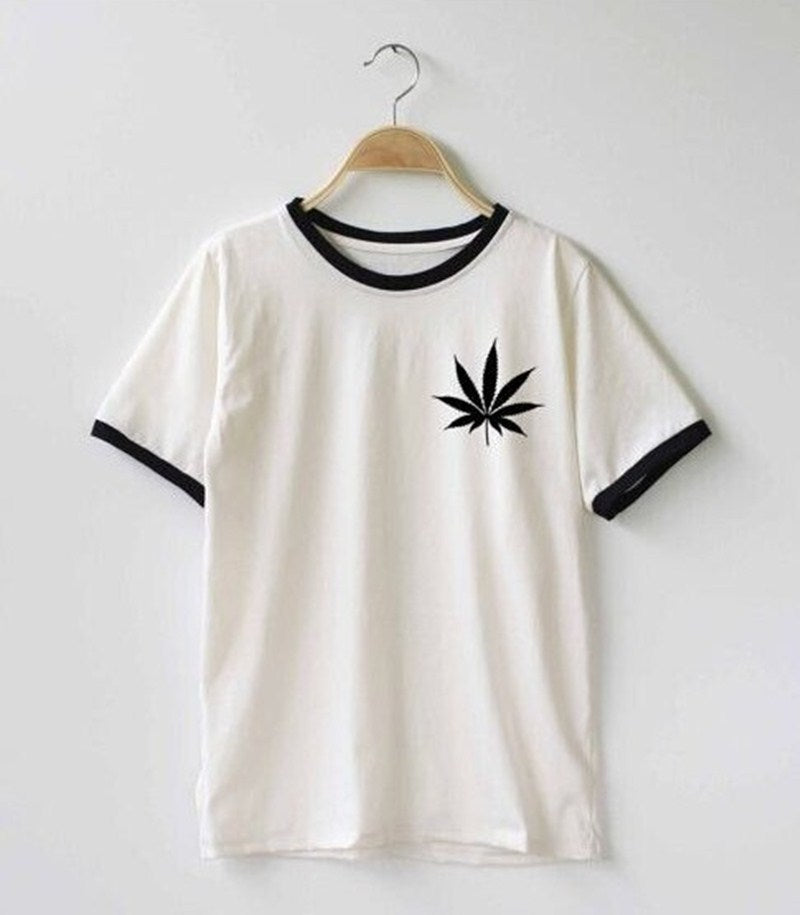 Women Weed Plant Marijuana Cannabis Leaf Funny Top Slogan Graphics Floral  Cotton Letter White Crew Neck Tee T-Shirt