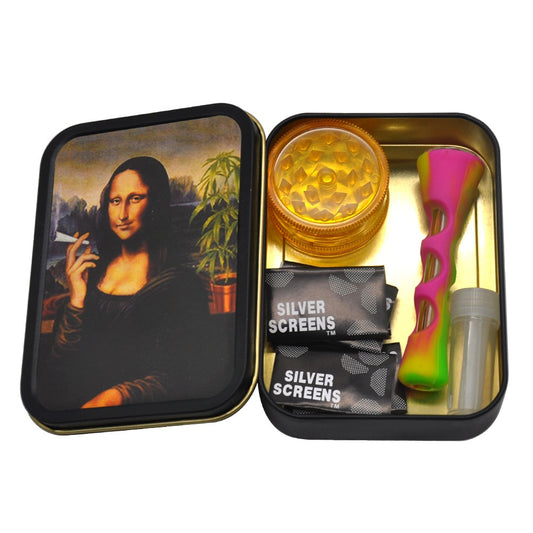 Smoking Set 1x Metal Tobacco Box+1x Silicone Tobacco Pipe+1x Plastic Herb Grinder+5 Booklet Metal Filters+1x Glass Mouth Tips