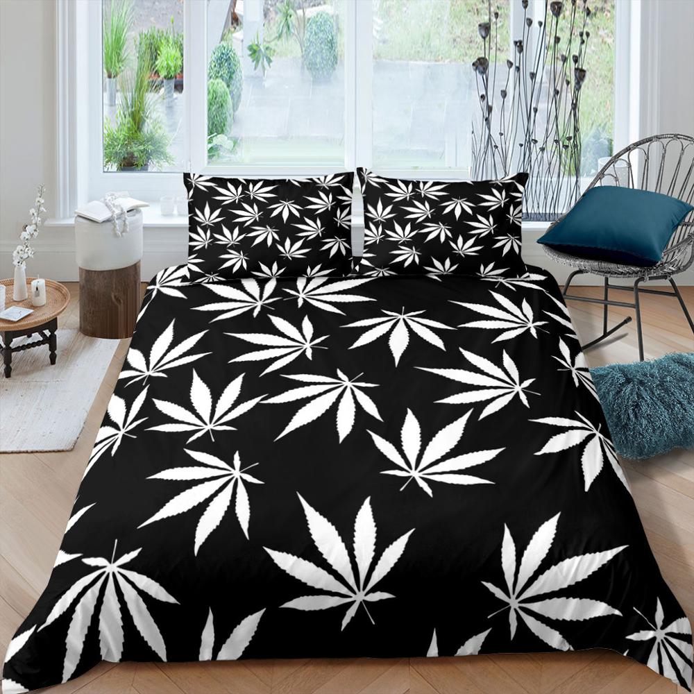 White Cannabis Leaf Comforter Sets for Adults Black Background White Leaves Duvet CoverPlants Theme