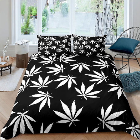 White Cannabis Leaf Comforter Sets for Adults Black Background White Leaves Duvet CoverPlants Theme