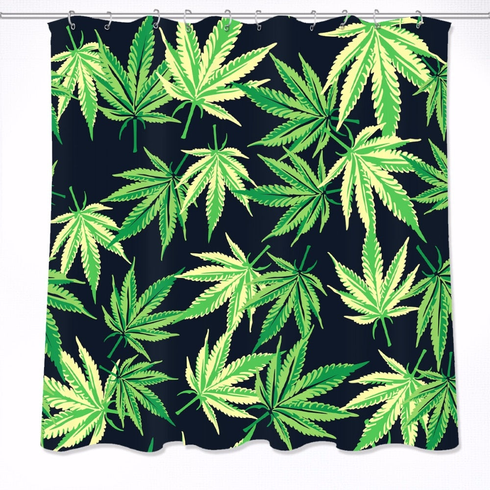 Tropical Forest Cannabis Leaves Green Bathroom Shower Curtain Waterproof Polyester & 12 Hooks Bath Curtains Accessory Set